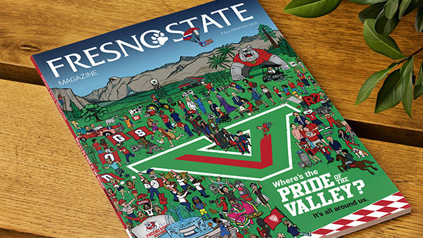 Cover of Fresno State Magazine Where's the Pride of the Valley on a table.