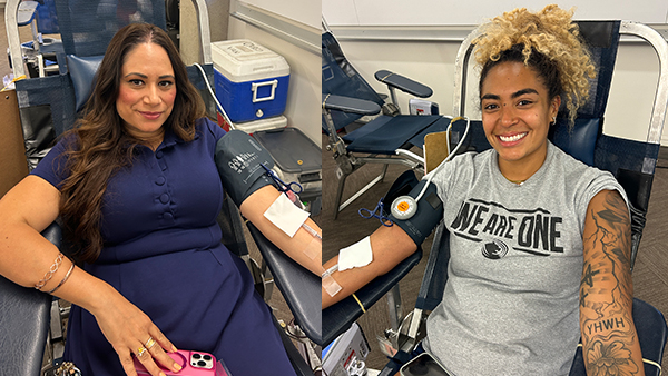Two portrait photos of women giving blood.