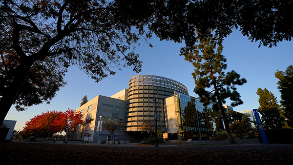 Fresno State Library at sunset.