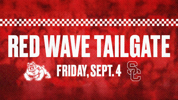 Red graphic with red and white checkered line at the top. Text reads Red Wave Tailgate, Friday, Sept. 4.