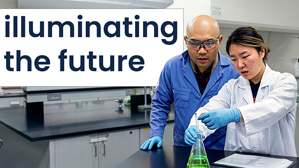 Thumbnail of a video featuring Dr. He Wei who is seen assisting a student who is using her hands to hold a beaker. Thumbnail says illuminating the future.