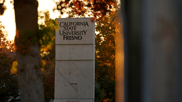 California State University, Fresno monument at sunset.